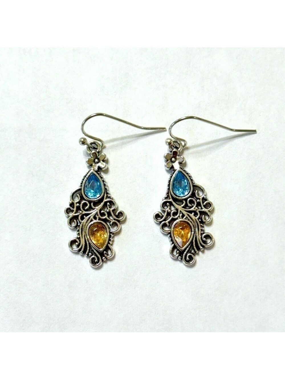 Earrings Silver Tone With Blue and Amber Accents Dangle New